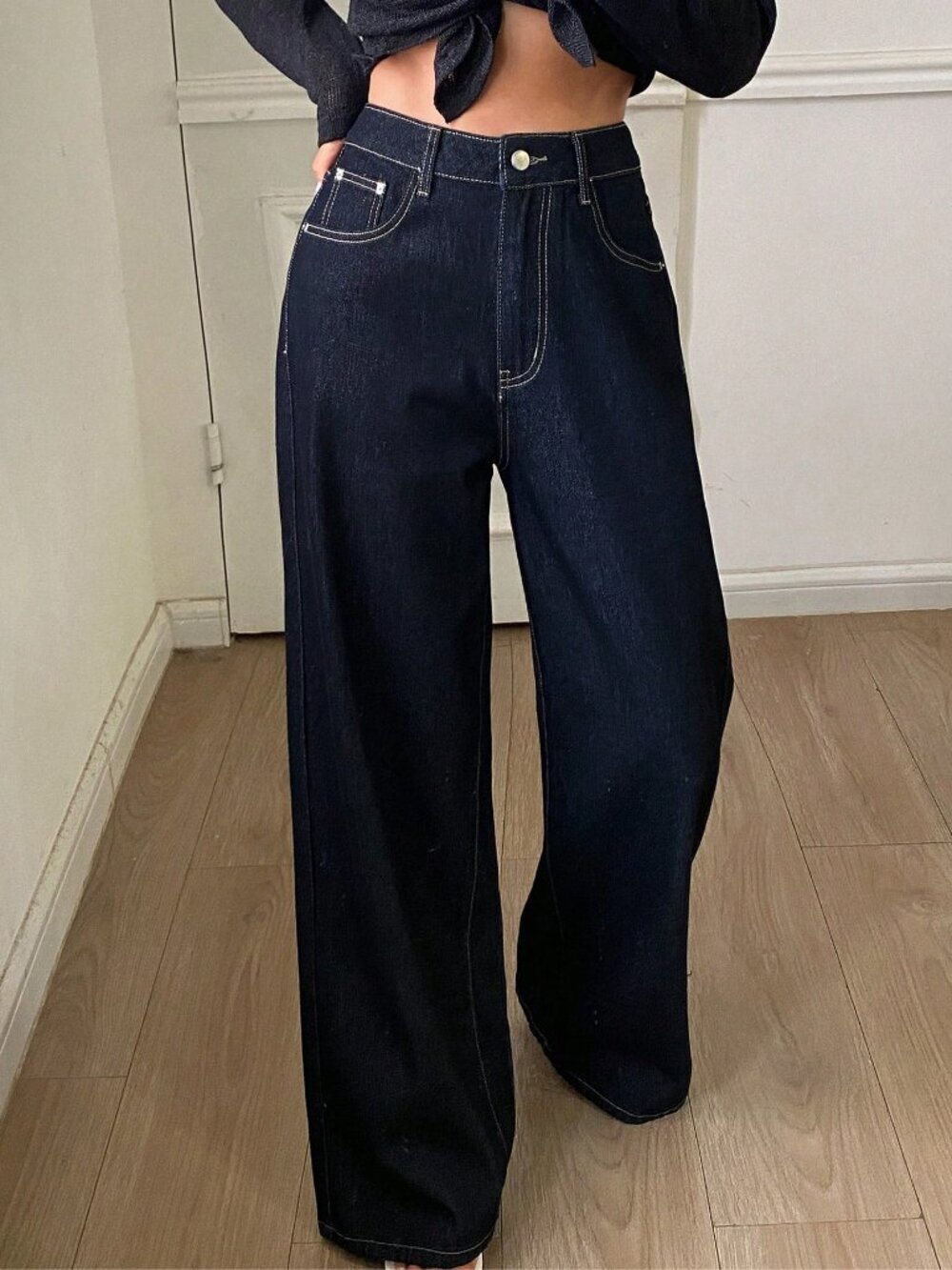 Navy Blue Casual Women's Straight Leg Jeans